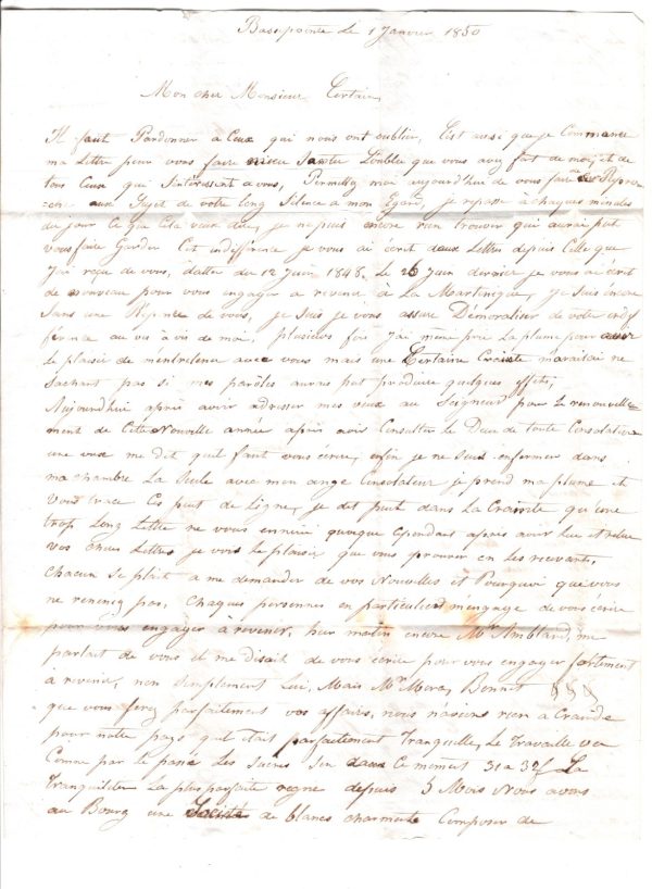 MARTINIQUE Cover 1850 *Basse Pointe* Letter COLONIES/ART.13 Cachet France XG96 - Image 5