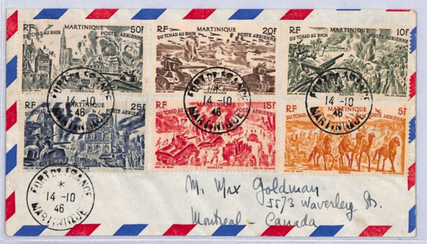 MARTINIQUE Cover 1946 AIR MAIL Set{6} France Cols Flown Canada {samwells}YF212 - Image 3