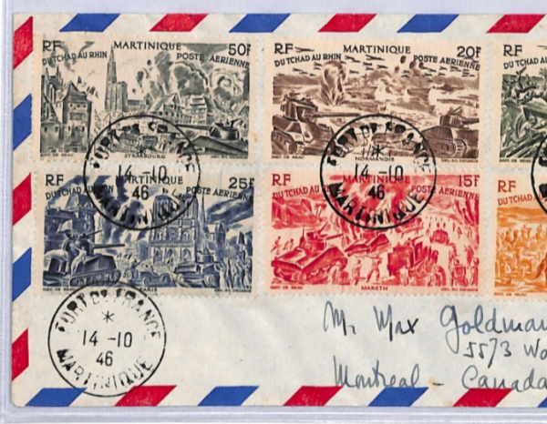 MARTINIQUE Cover 1946 AIR MAIL Set{6} France Cols Flown Canada {samwells}YF212