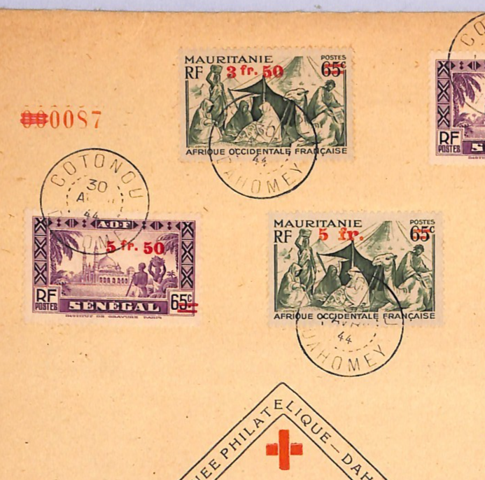 MAURITANIA & SENEGAL AOF WW2 Surcharges Used DAHOMEY 1944 RED CROSS Cover WT202 - Image 6