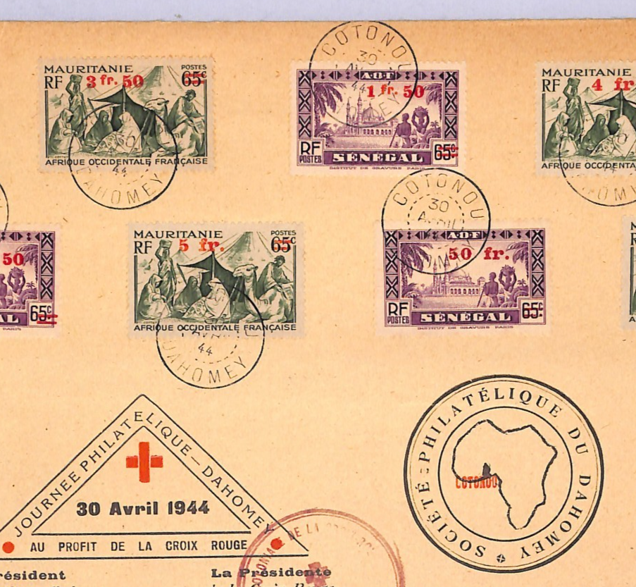MAURITANIA & SENEGAL AOF WW2 Surcharges Used DAHOMEY 1944 RED CROSS Cover WT202 - Image 7