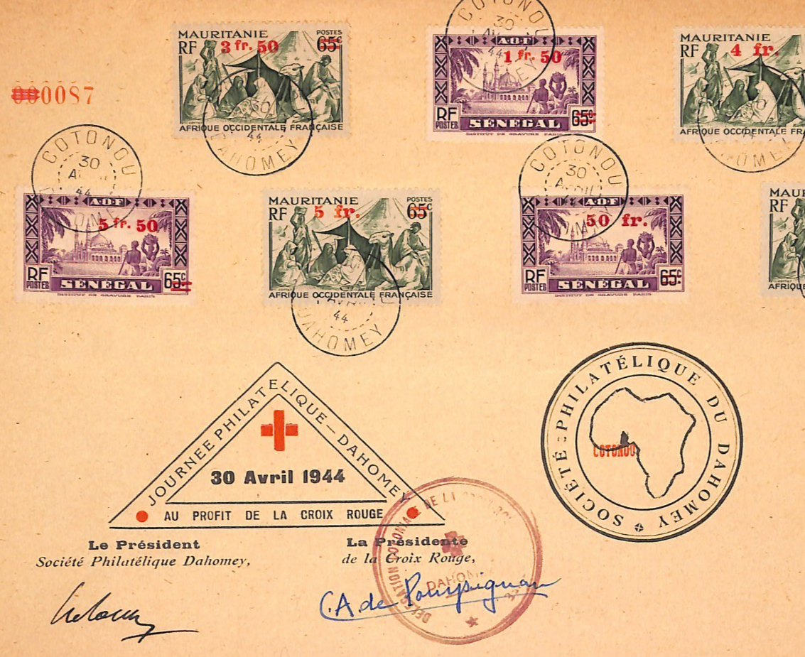 MAURITANIA & SENEGAL AOF WW2 Surcharges Used DAHOMEY 1944 RED CROSS Cover WT202