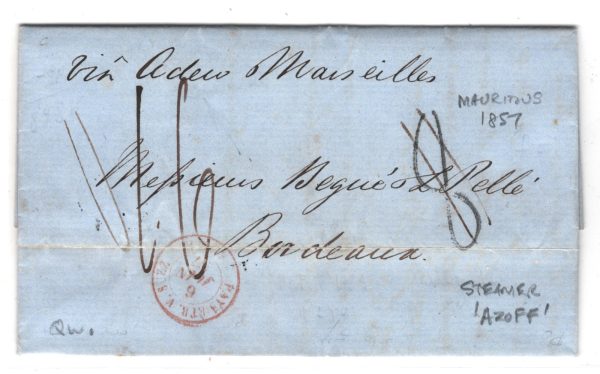 MAURITIUS Cover EL Port Louis 1857 STEAMER AZOFF France Bordeaux{samwells}XG91 - Image 3