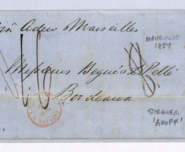 MAURITIUS Cover EL Port Louis 1857 STEAMER AZOFF France Bordeaux{samwells}XG91