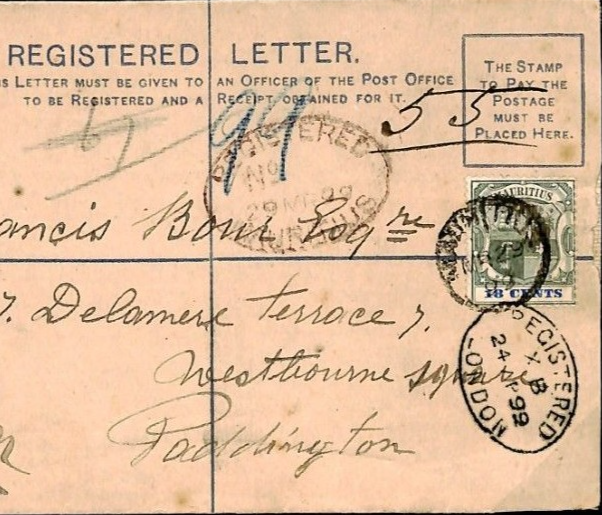 MAURITIUS Cover QV Registered Stationery Uprated 18c ARMS 1899 Paddington W210a - Image 4