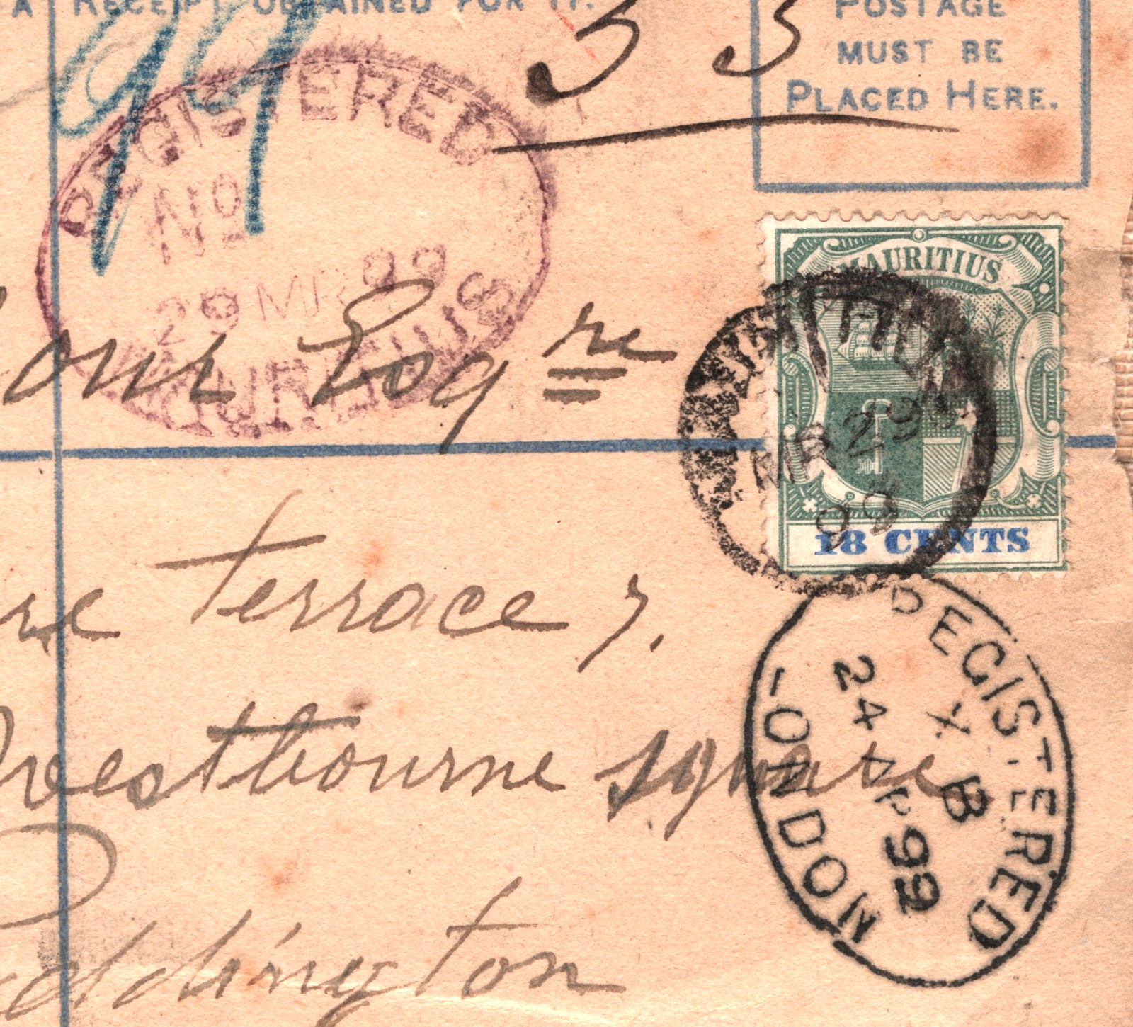 MAURITIUS Cover QV Registered Stationery Uprated 18c ARMS 1899 Paddington W210a - Image 6