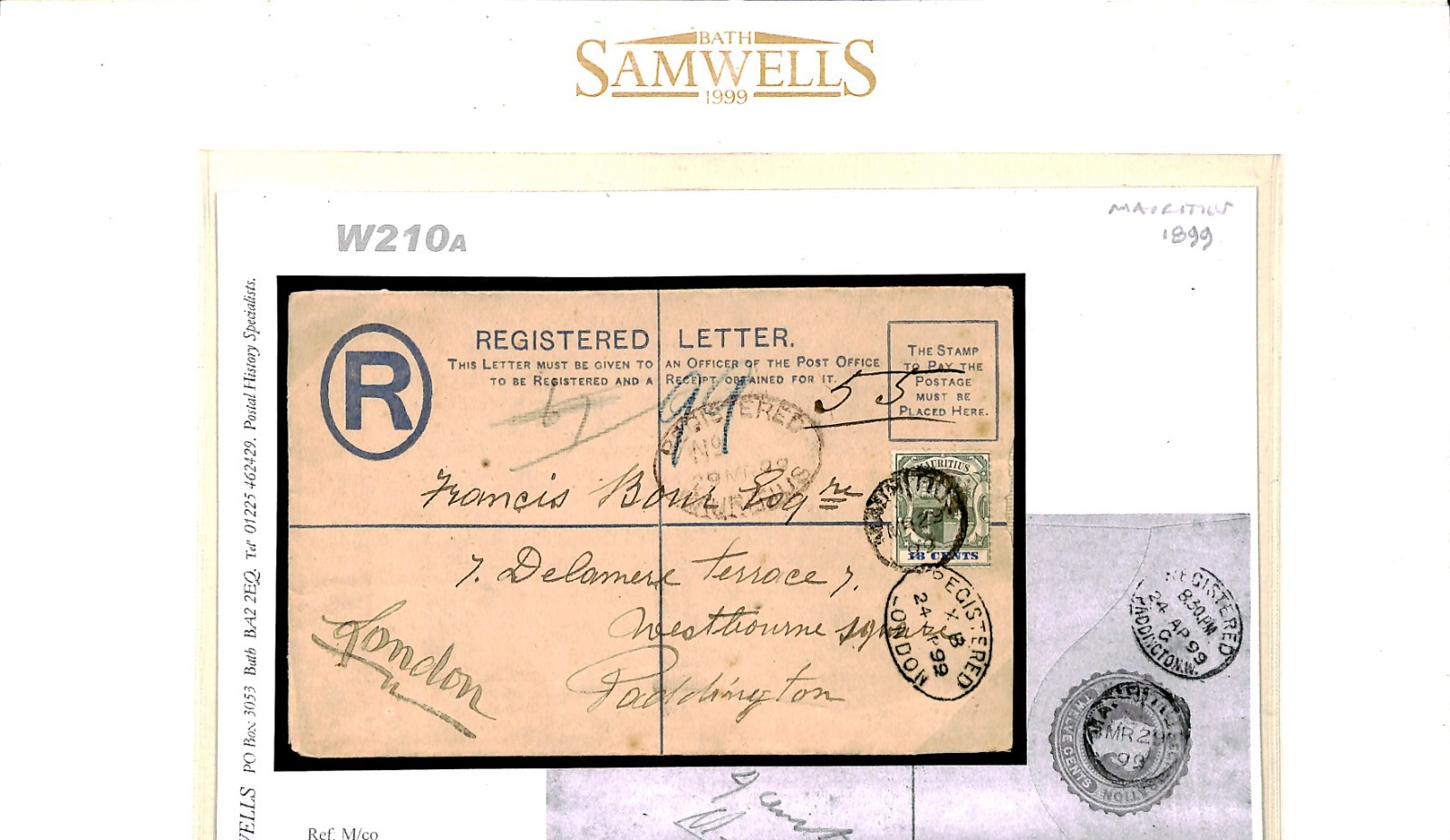 MAURITIUS Cover QV Registered Stationery Uprated 18c ARMS 1899 Paddington W210a - Image 7