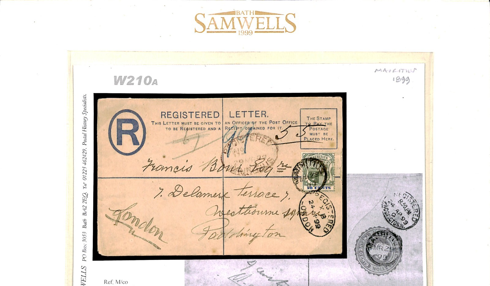 MAURITIUS Cover QV Registered Stationery Uprated 18c ARMS 1899 Paddington W210a - Image 9