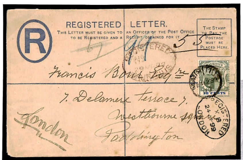 MAURITIUS Cover QV Registered Stationery Uprated 18c ARMS 1899 Paddington W210a