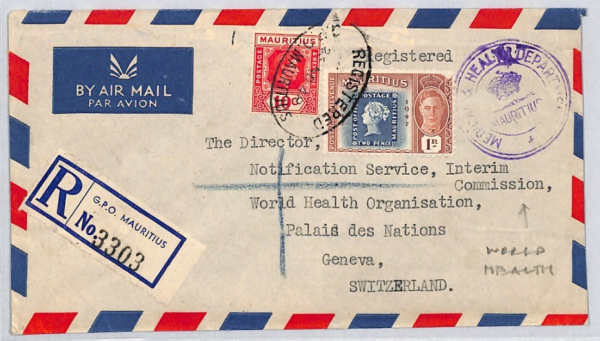 MAURITIUS KGVI Air Cover MEDICAL OFFICIAL 1948 Geneva *WHO* WORLD HEALTH ZN280 - Image 3