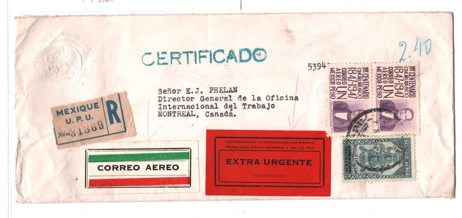 MEXICO Cover EXTRA URGENTE Label *BOLIVIA WAR CONFERENCE* Reg 1948 Canada WT45 - Image 3