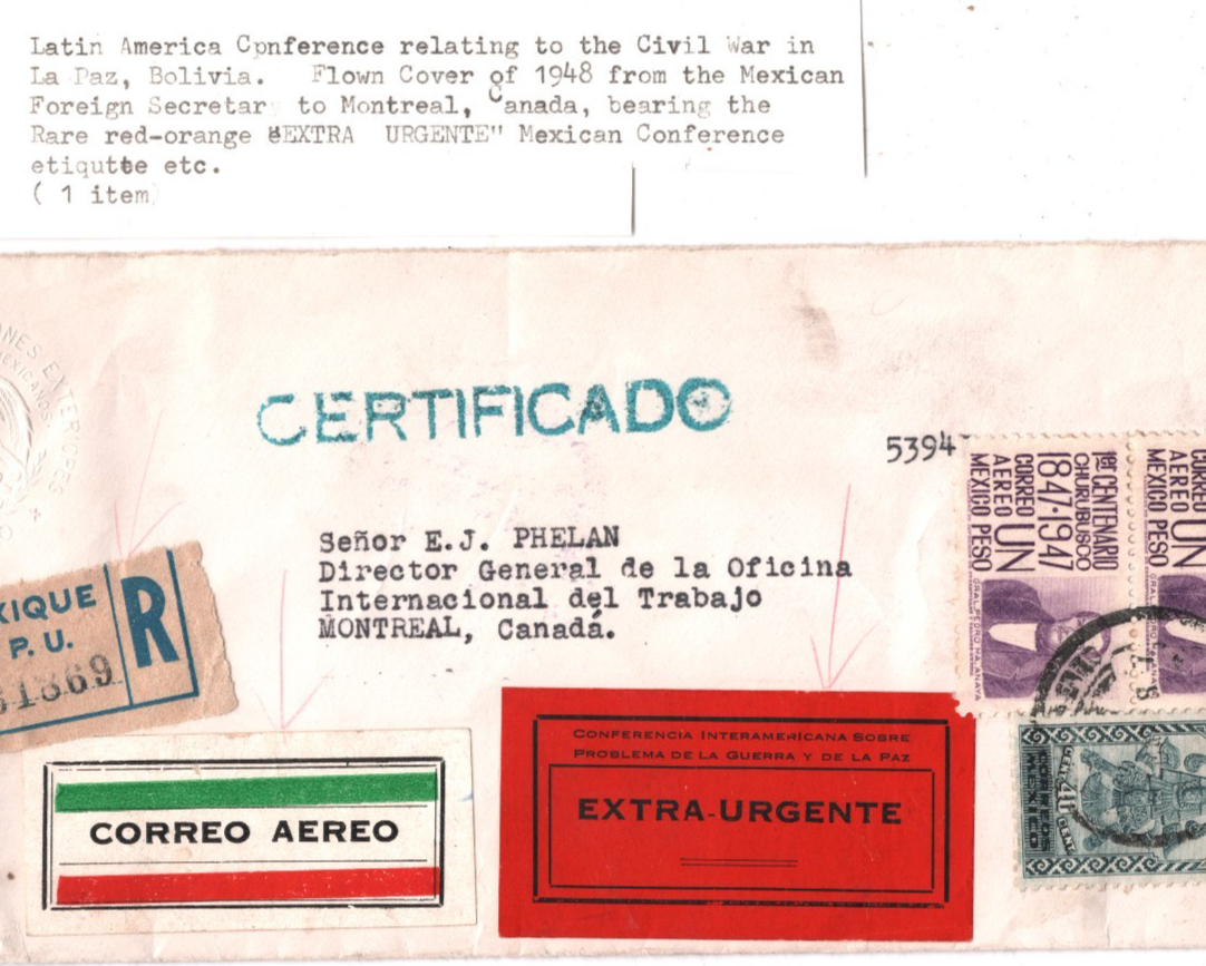 MEXICO Cover EXTRA URGENTE Label *BOLIVIA WAR CONFERENCE* Reg 1948 Canada WT45 - Image 5