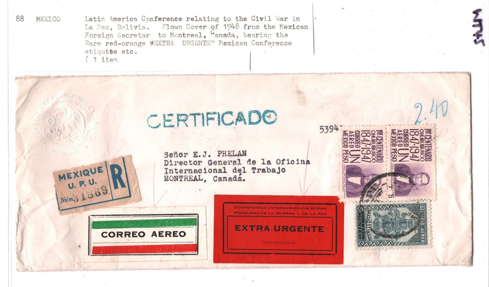 MEXICO Cover EXTRA URGENTE Label *BOLIVIA WAR CONFERENCE* Reg 1948 Canada WT45 - Image 8