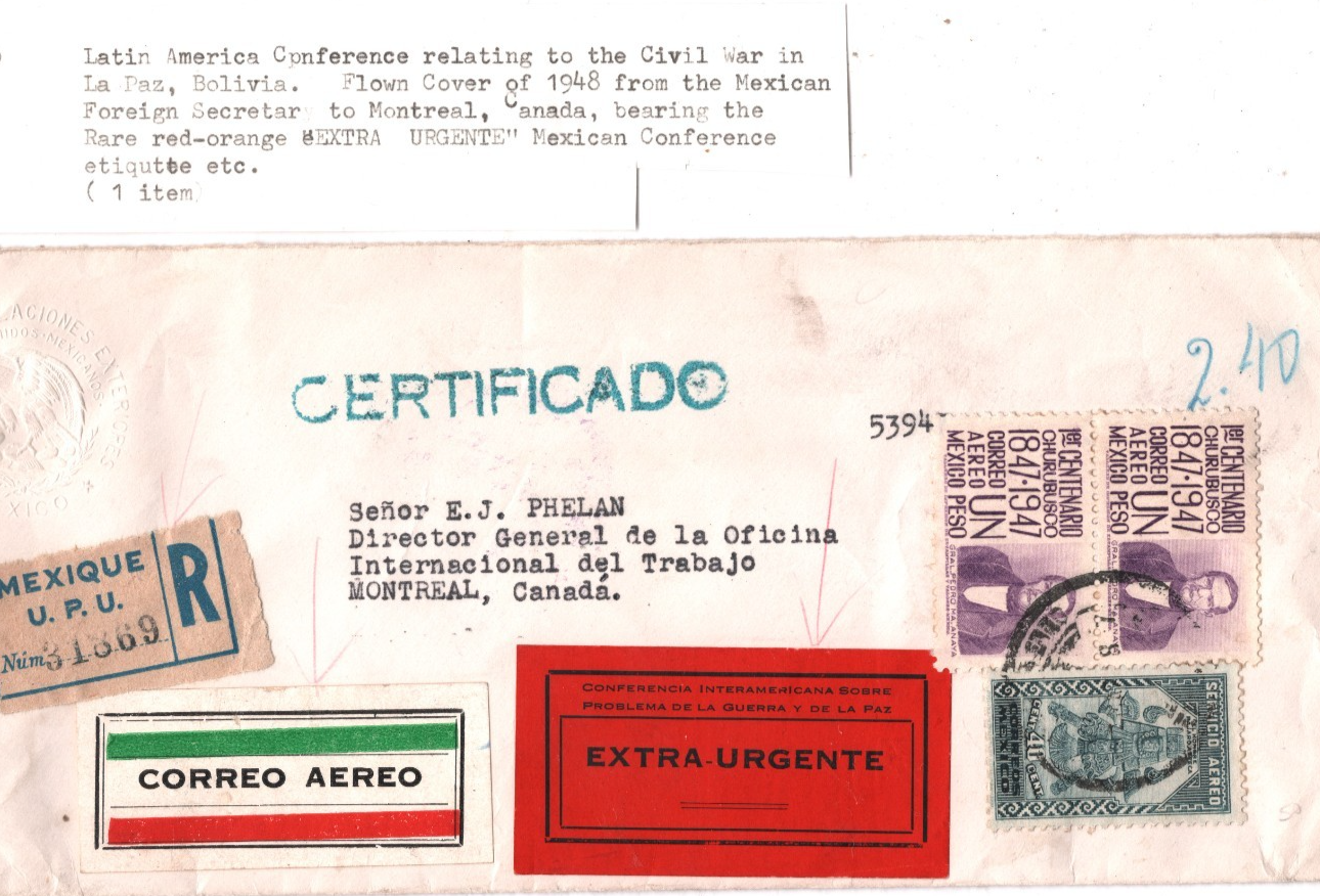MEXICO Cover EXTRA URGENTE Label *BOLIVIA WAR CONFERENCE* Reg 1948 Canada WT45