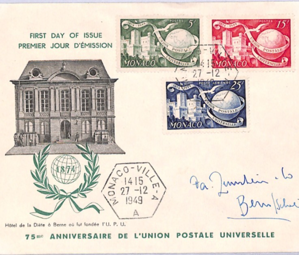 MONACO FDC 1949 UPU ANNIVERSARY Illustrated First Day Cover {samwells}XV84