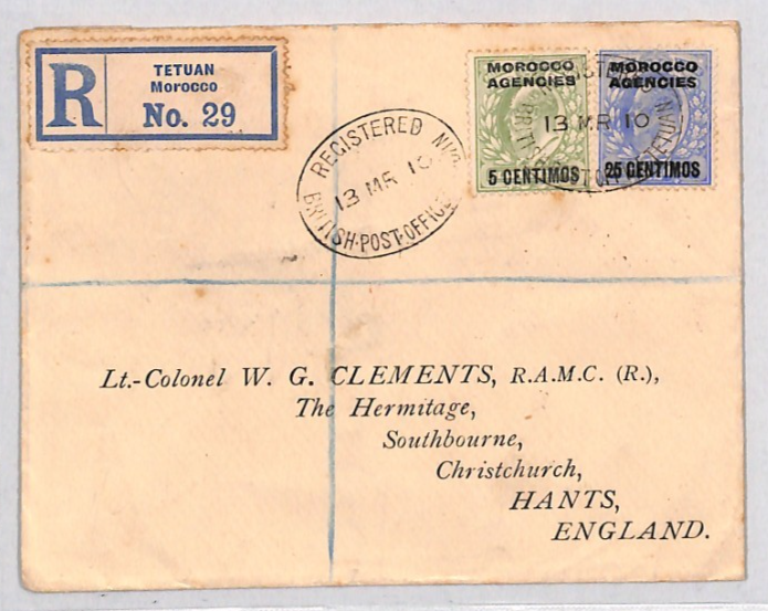 MOROCCO AGENCIES (GB) Overprint KEVII Cover *TETUAN* Registered 1910 Hants YB58