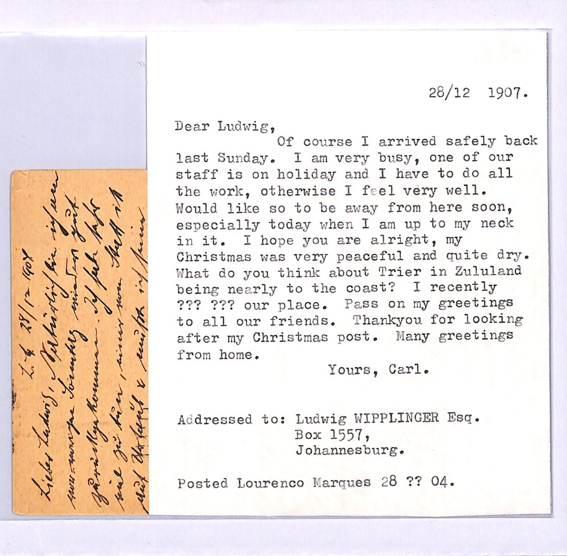 MOZAMBIQUE RAILWAY MAIL Card *LOURENCO MARQUES TPO* 1907 Zululand Message WB37 - Image 4