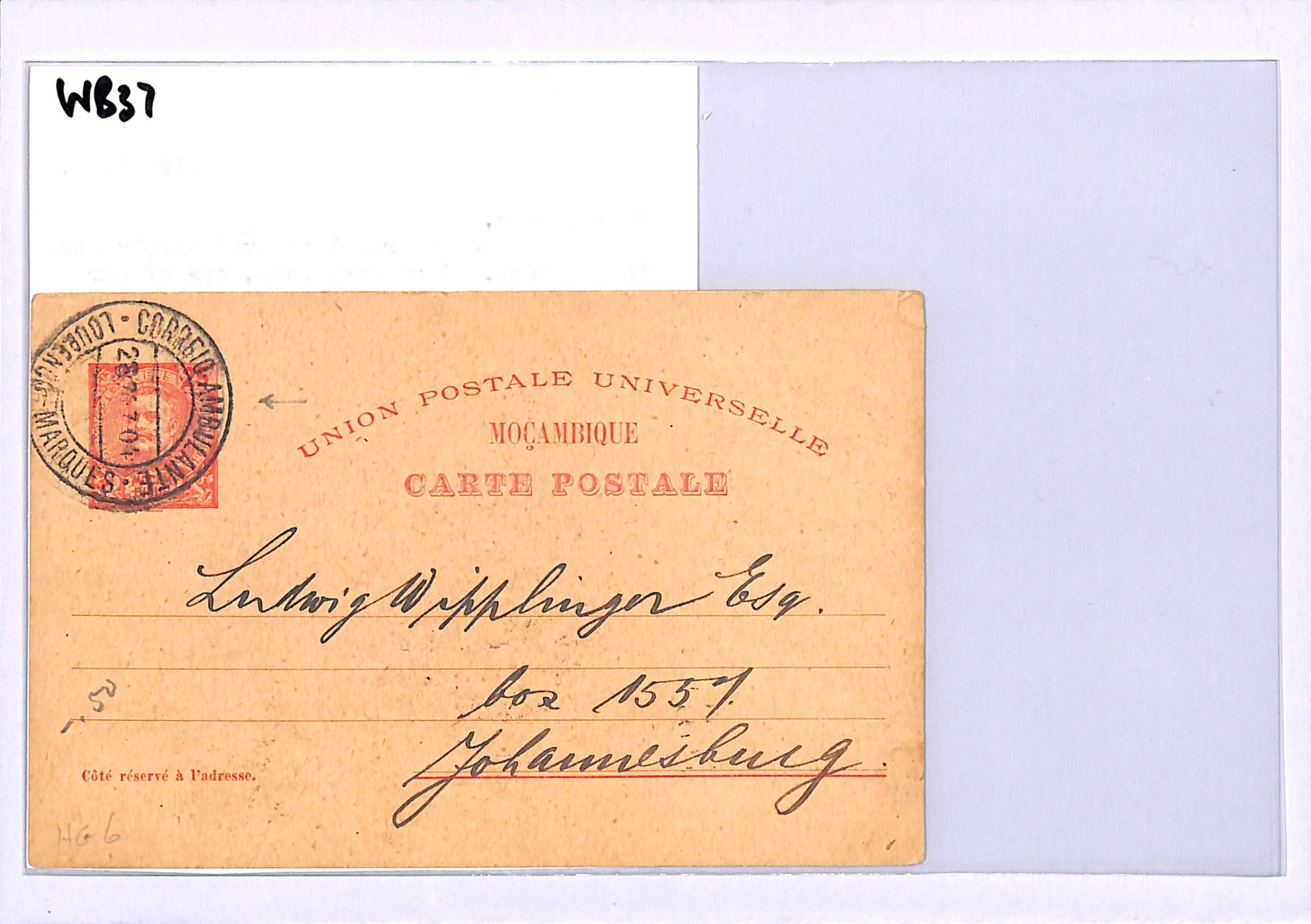 MOZAMBIQUE RAILWAY MAIL Card *LOURENCO MARQUES TPO* 1907 Zululand Message WB37 - Image 6