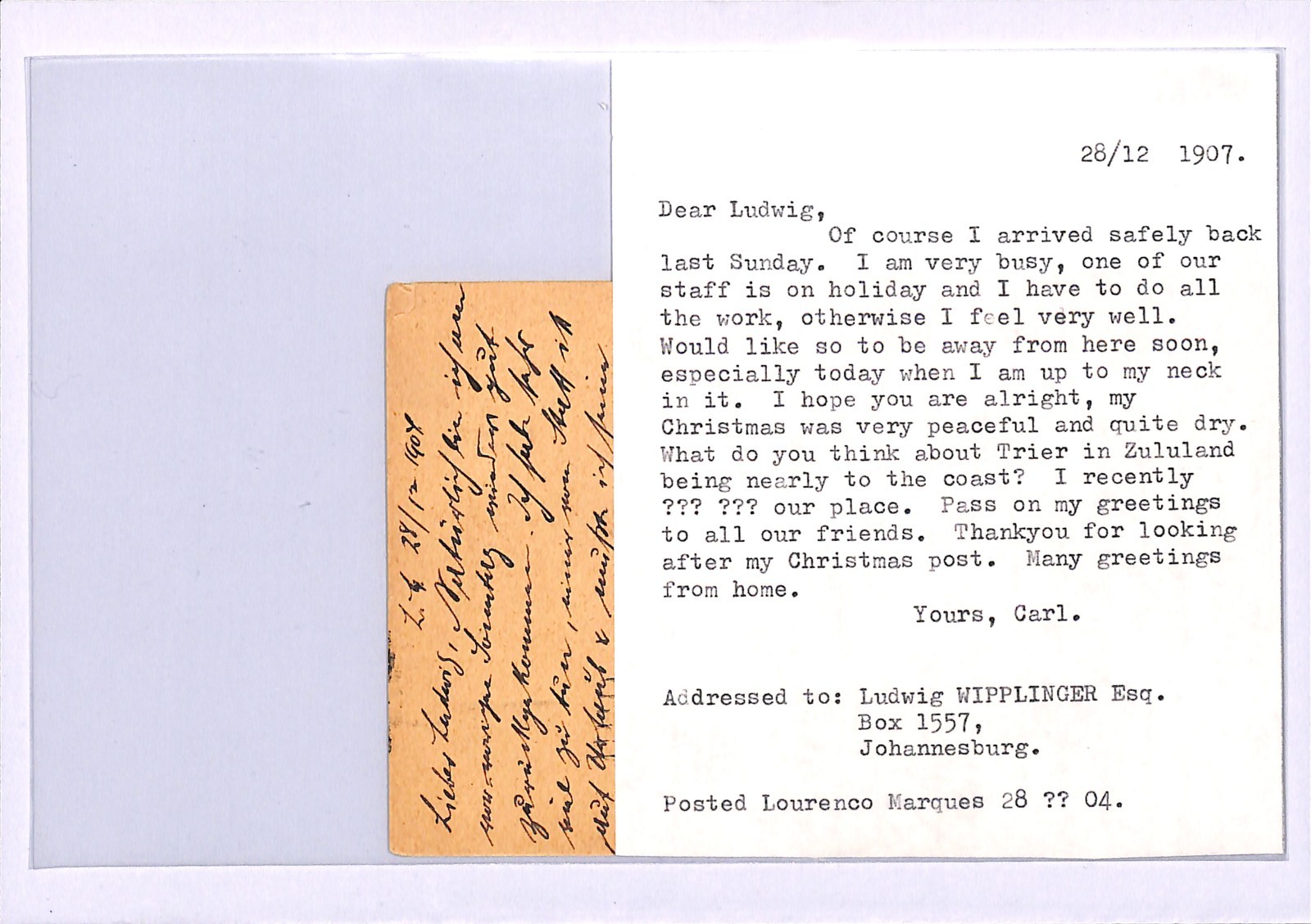 MOZAMBIQUE RAILWAY MAIL Card *LOURENCO MARQUES TPO* 1907 Zululand Message WB37 - Image 7