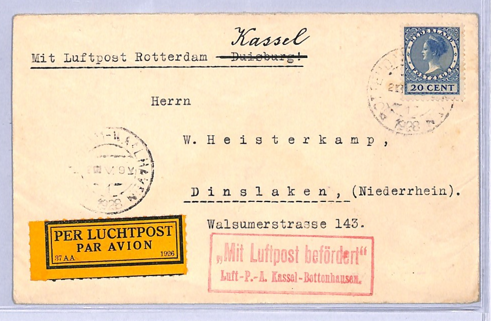 NETHERLANDS Air 1928 Cover FIRST FLIGHT GERMANY Rotterdam-Kassel (Prague) VT14 - Image 2