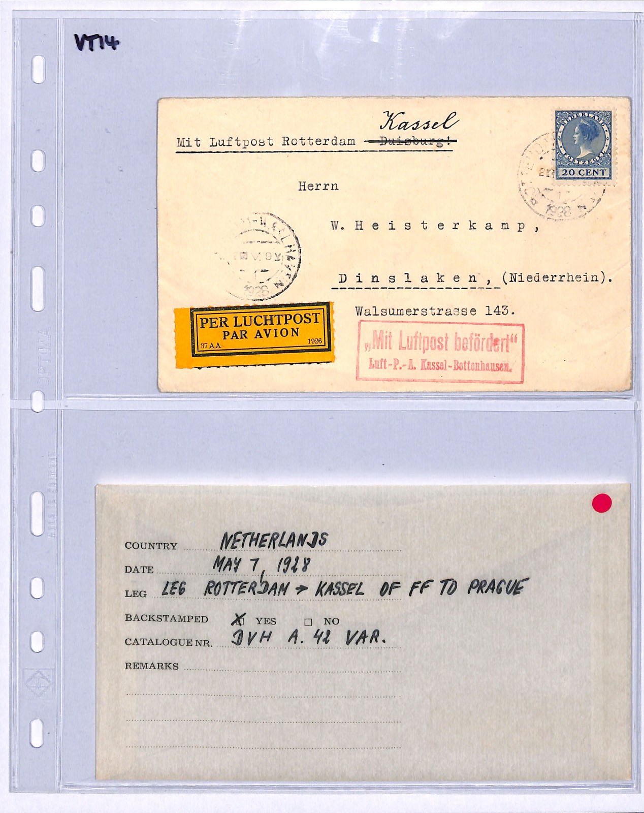 NETHERLANDS Air 1928 Cover FIRST FLIGHT GERMANY Rotterdam-Kassel (Prague) VT14 - Image 5
