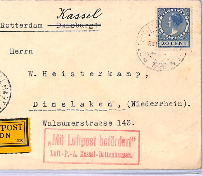 NETHERLANDS Air 1928 Cover FIRST FLIGHT GERMANY Rotterdam-Kassel (Prague) VT14