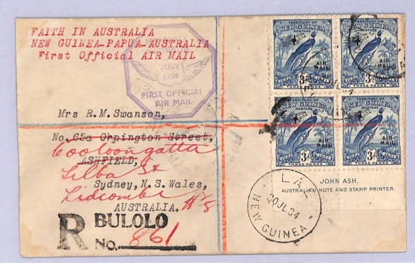 NEW GUINEA 3d IMPRINT BLOCK Air 1934 Cover *Bulolu* AUSTRLIA FIRST FLIGHT WT49 - Image 3