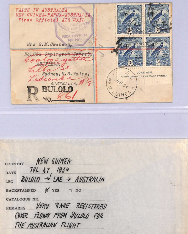 NEW GUINEA 3d IMPRINT BLOCK Air 1934 Cover *Bulolu* AUSTRLIA FIRST FLIGHT WT49 - Image 6