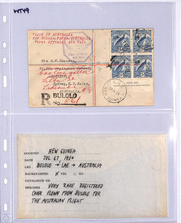 NEW GUINEA 3d IMPRINT BLOCK Air 1934 Cover *Bulolu* AUSTRLIA FIRST FLIGHT WT49 - Image 8