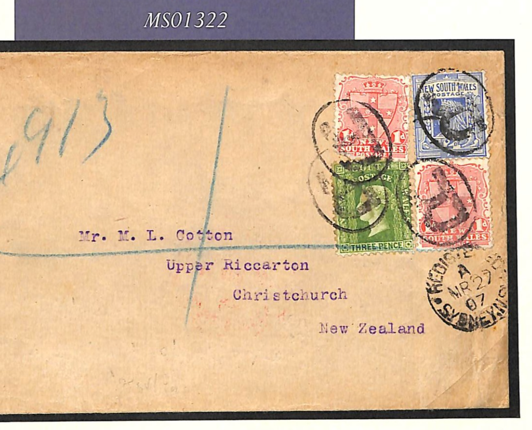 NEW SOUTH WALES Australia States QV *3-COLOUR FRANKING* Cover NSW 1907 NZ MS1322
