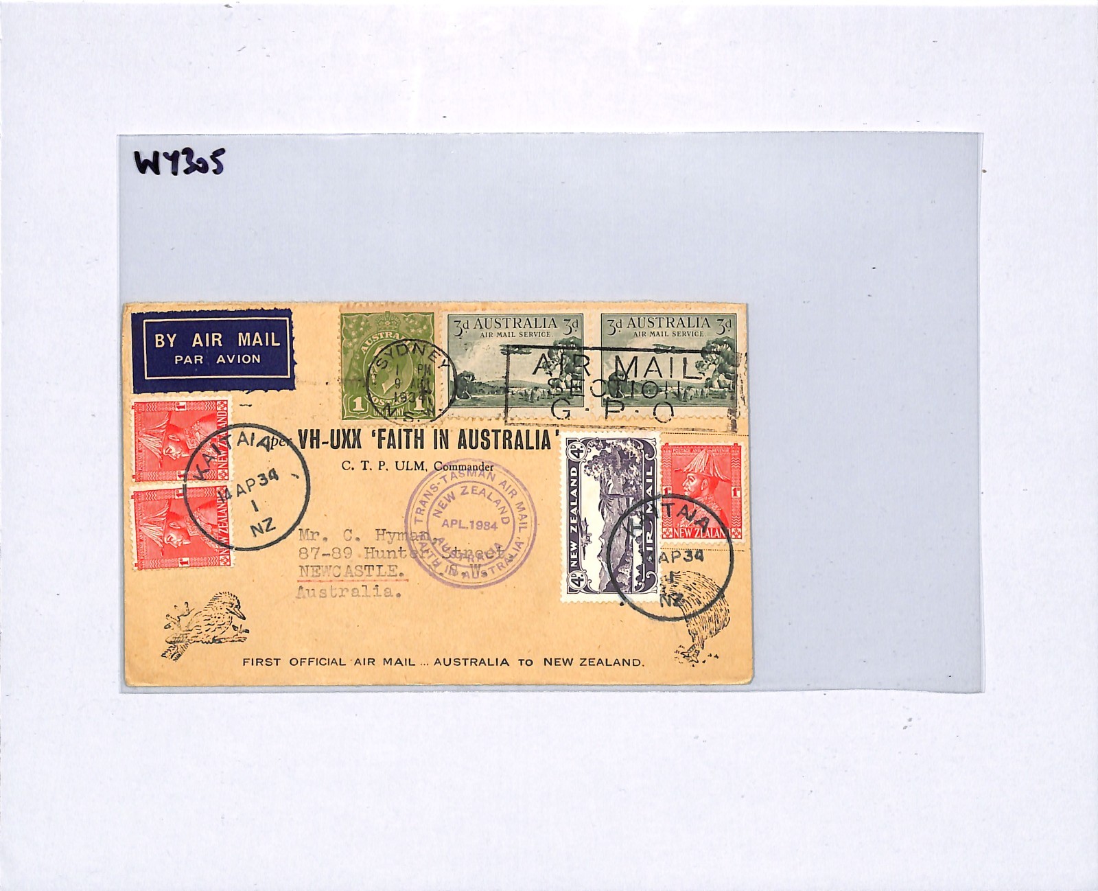 NEW ZEALAND Cover AUSTRALIA *MIXED FRANKING* Air FIRST FLIGHT 1934 Kaitaia WY305 - Image 5