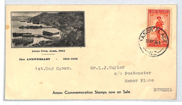 NEW ZEALAND FDC 1936 *ANZAC COVE* Illustrated First Day Cover Manor Place XJ218