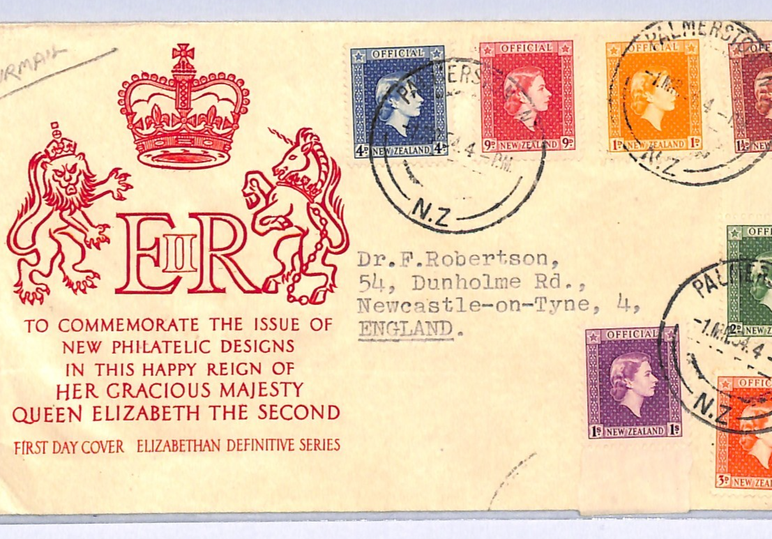 NEW ZEALAND Officials FDC 1954 QEII Definitives Palmerston N. GB Newcastle WA61