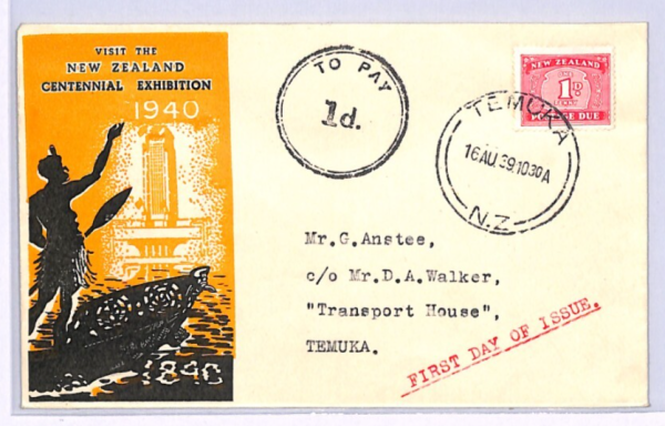 NEW ZEALAND POSTAGE DUE FDC 1939 1d *CENTENNIAL EXHIBITION* Temuka XW135