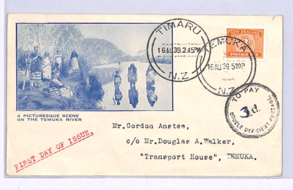 NEW ZEALAND POSTAGE DUE FDC 1939 3d Illustrated Temuka Timaru XW134