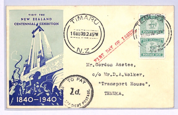NEW ZEALAND POSTAGE DUE FDC 1939 ½d *CENTENNIAL EXHIBITION* Temuka XW136