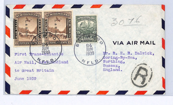 NEWFOUNDLAND Air Mail 10c Caribou Cover 1939 TRANSATLANTIC 15c *L&S* Pair XW328 - Image 3