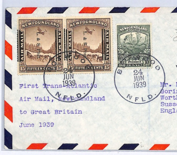 NEWFOUNDLAND Air Mail 10c Caribou Cover 1939 TRANSATLANTIC 15c *L&S* Pair XW328