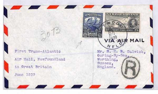 NEWFOUNDLAND Air Mail Cover FIRST FLIGHT GB Worthing Botwood Reg 1939 YH288 - Image 3