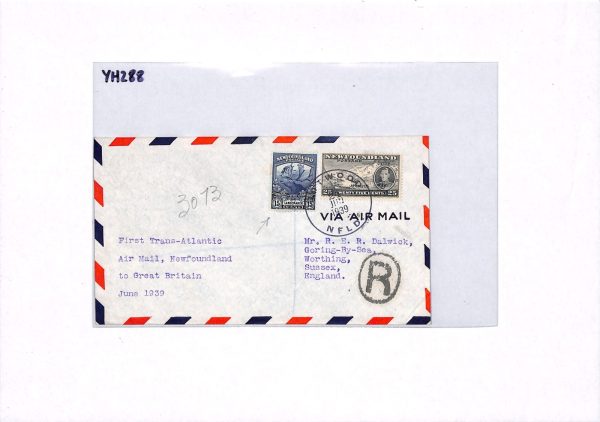 NEWFOUNDLAND Air Mail Cover FIRST FLIGHT GB Worthing Botwood Reg 1939 YH288 - Image 5