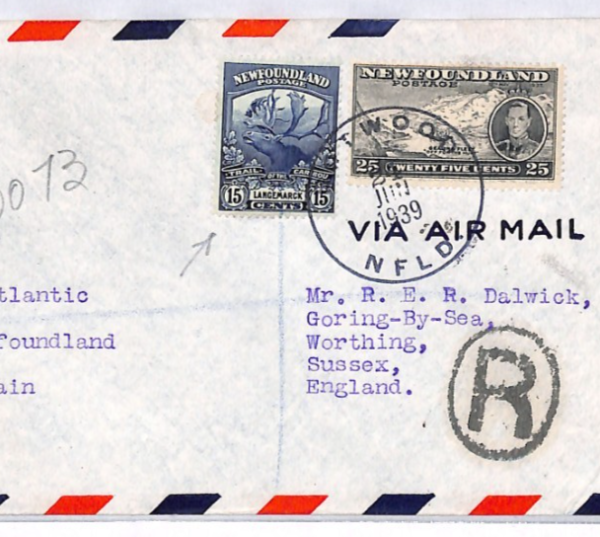 NEWFOUNDLAND Air Mail Cover FIRST FLIGHT GB Worthing Botwood Reg 1939 YH288