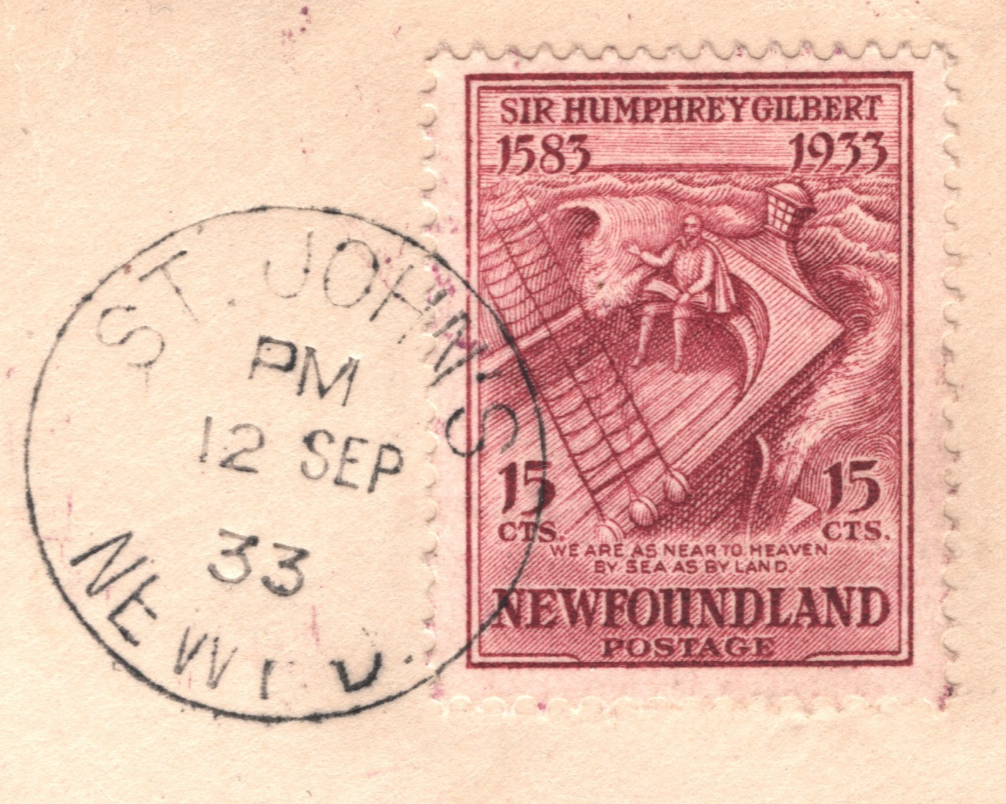 NEWFOUNDLAND Canada 1933 Cover 15c Claret *HUMPHREY GILBERT* Ship SQUIRREL XK221