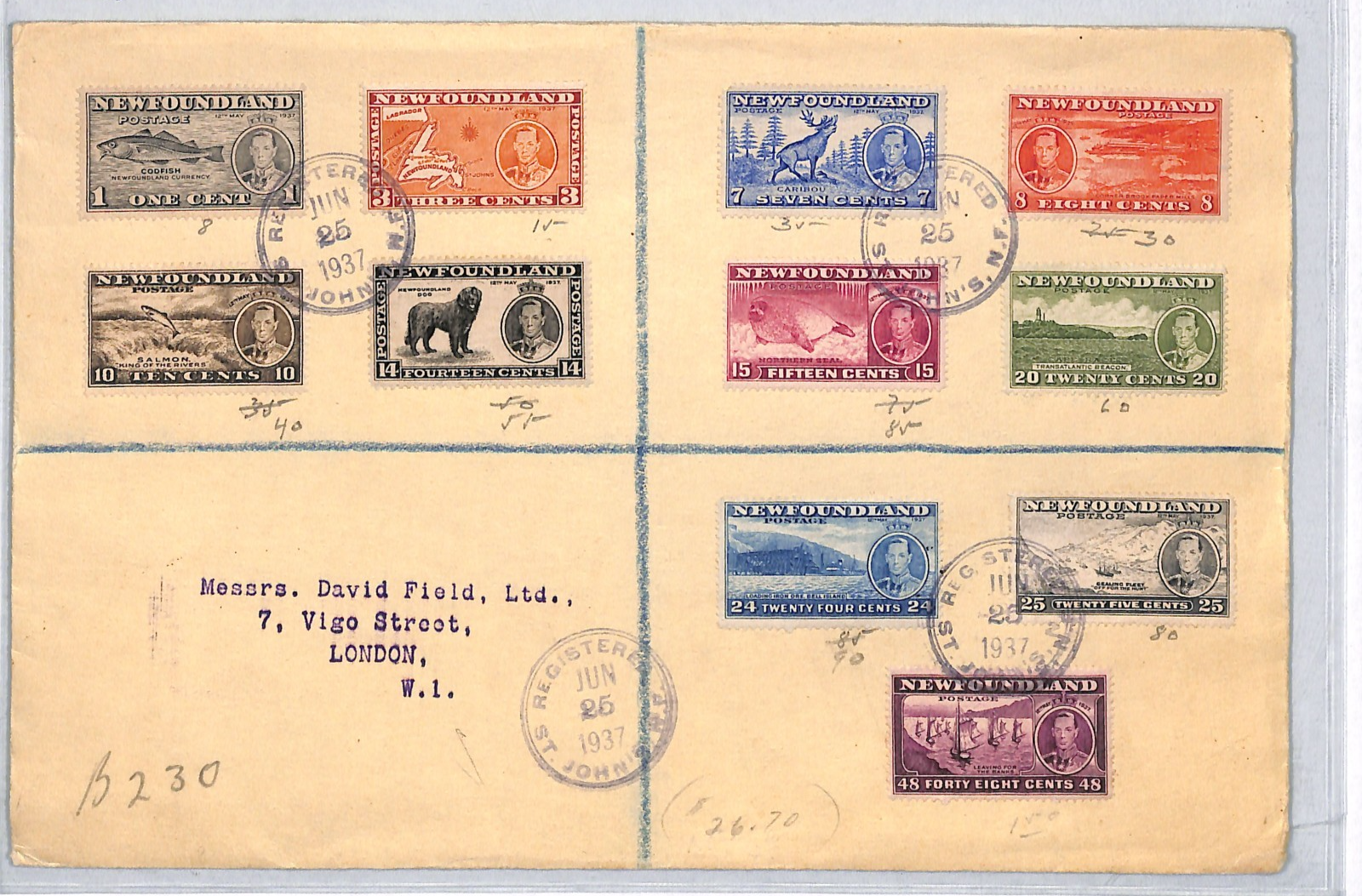 NEWFOUNDLAND Cover KGVI CORONATION Set 1937 Registered DOGS FISH SHIPS VM39 - Image 3