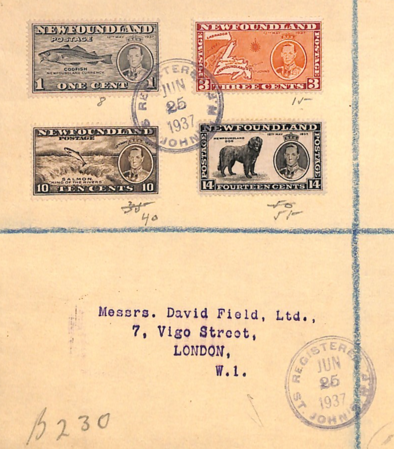NEWFOUNDLAND Cover KGVI CORONATION Set 1937 Registered DOGS FISH SHIPS VM39 - Image 4