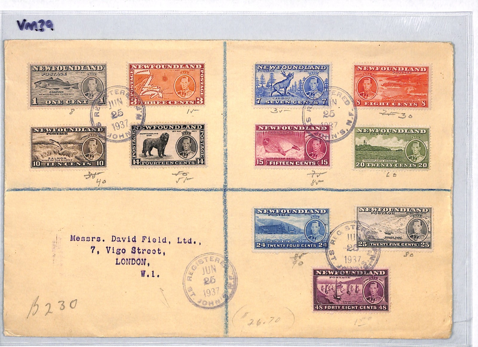 NEWFOUNDLAND Cover KGVI CORONATION Set 1937 Registered DOGS FISH SHIPS VM39 - Image 6