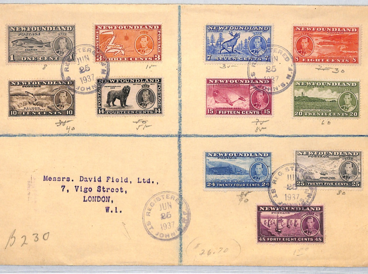 NEWFOUNDLAND Cover KGVI CORONATION Set 1937 Registered DOGS FISH SHIPS VM39 - Image 10