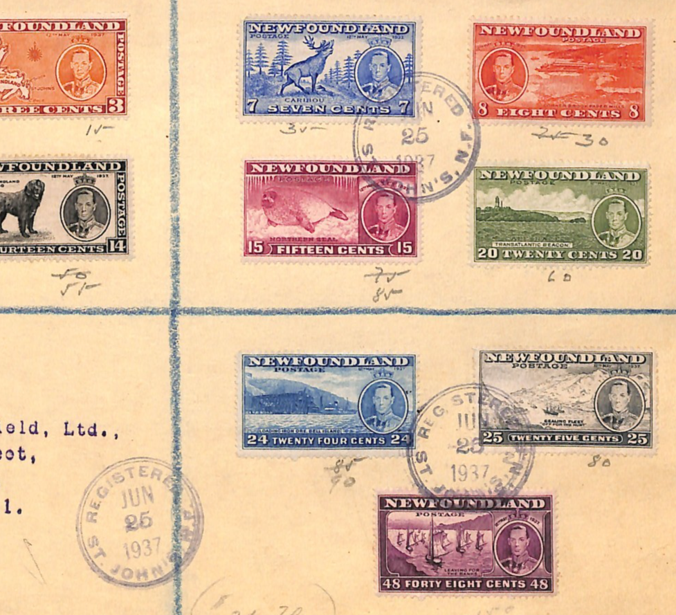 NEWFOUNDLAND Cover KGVI CORONATION Set 1937 Registered DOGS FISH SHIPS VM39