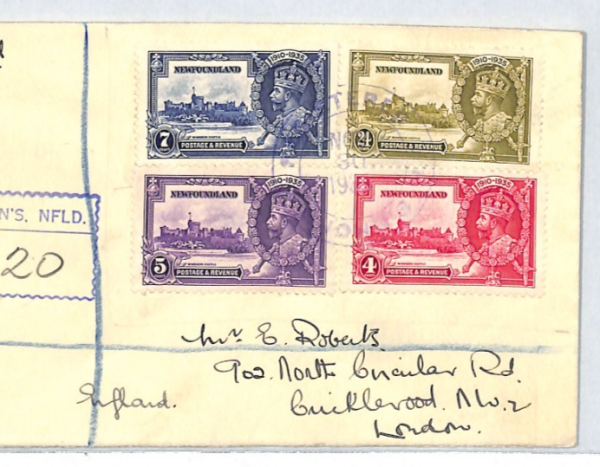 NEWFOUNDLAND KGV Cover 1935 *SILVER JUBILEE* Set St Johns Regd ROYALTY XJ292