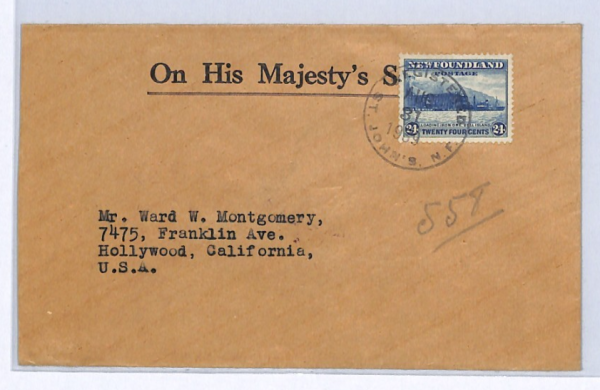 NEWFOUNDLAND Official Cover OHMS St John's USA CA Hollywood 1939{samwells}XW333 - Image 3