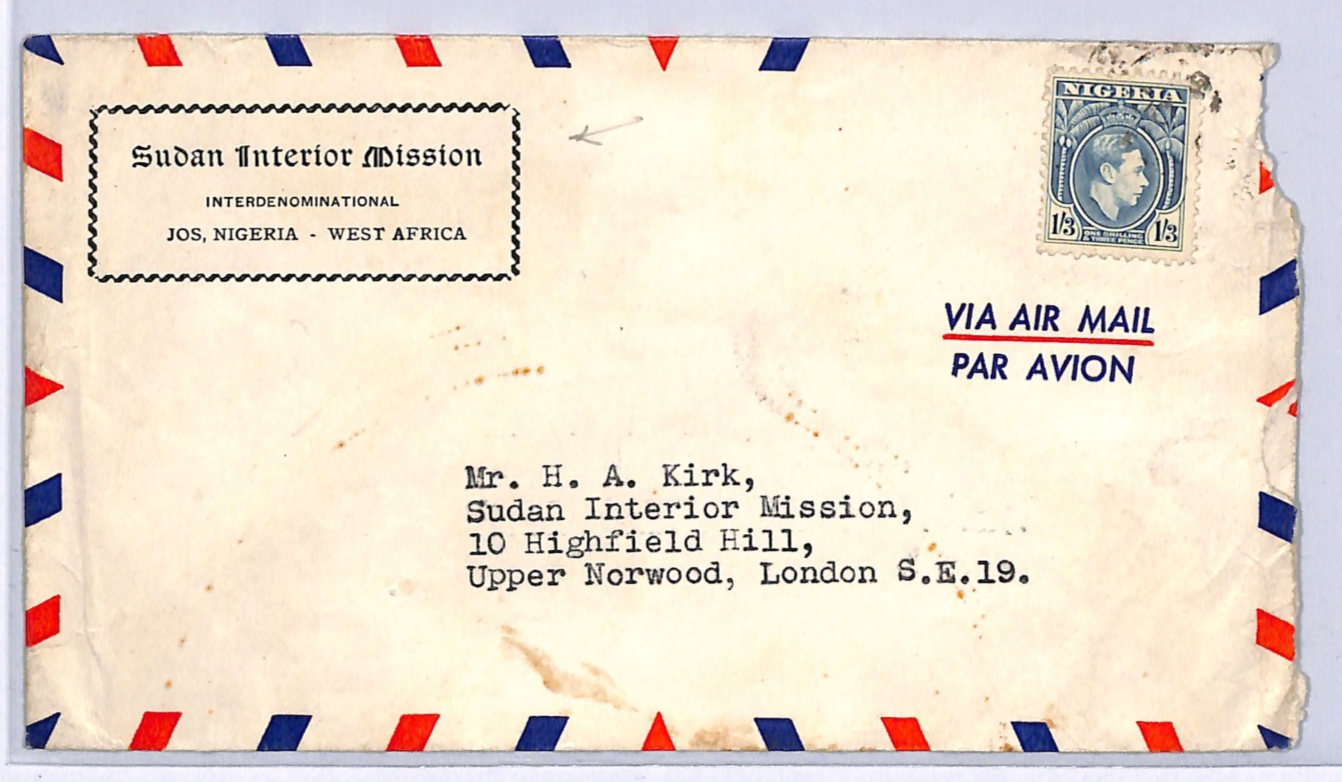 NIGERIA Air Mail Cover Jos 1s/3d SUDAN INTERIOR MISSION GB London{Samwells}WM197 - Image 3
